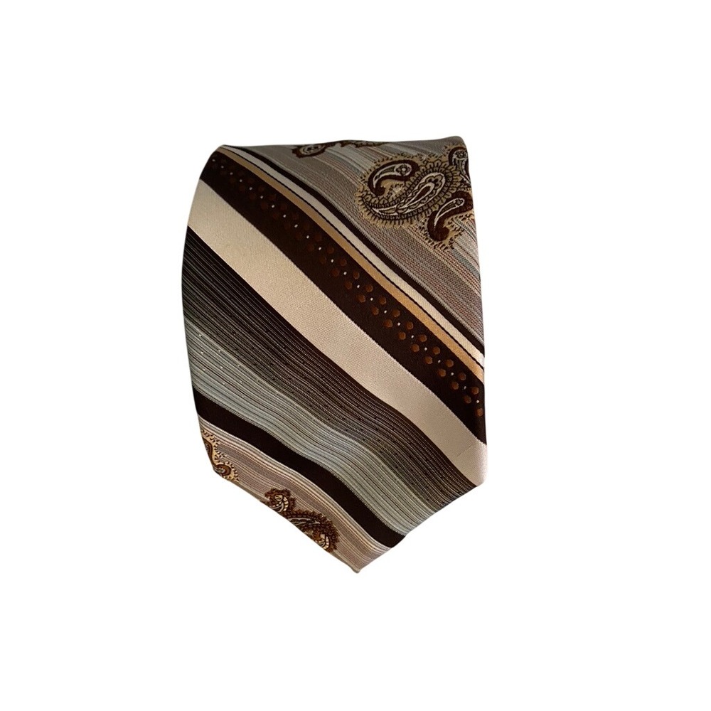 Marquis Paris Mens Necktie Brown Tan Blue Striped Paisley Polyester Tie